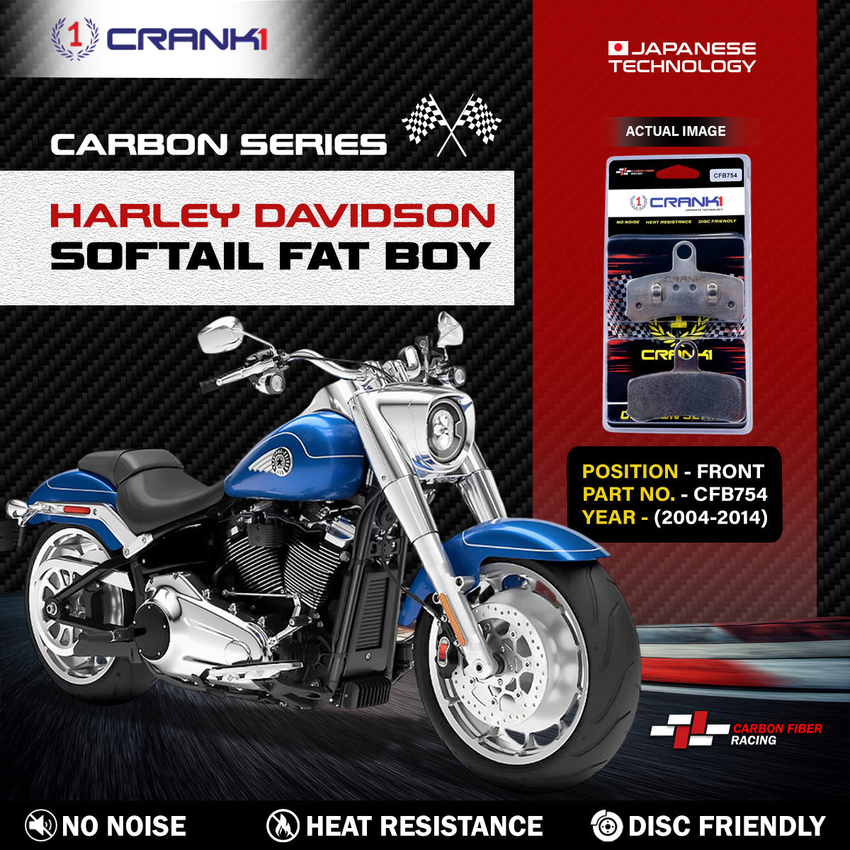 Crank1 Carbon Brake Pads For Harley Davidson Softail Fat Boy (2004-2014) - Front - CFB754 - 2 Sets