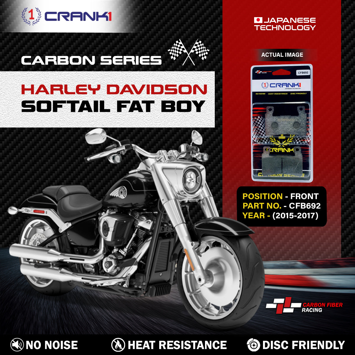 Crank1 Carbon Brake Pads For Harley Davidson Softail Fat Boy (2015-2017) - Front - CFB692