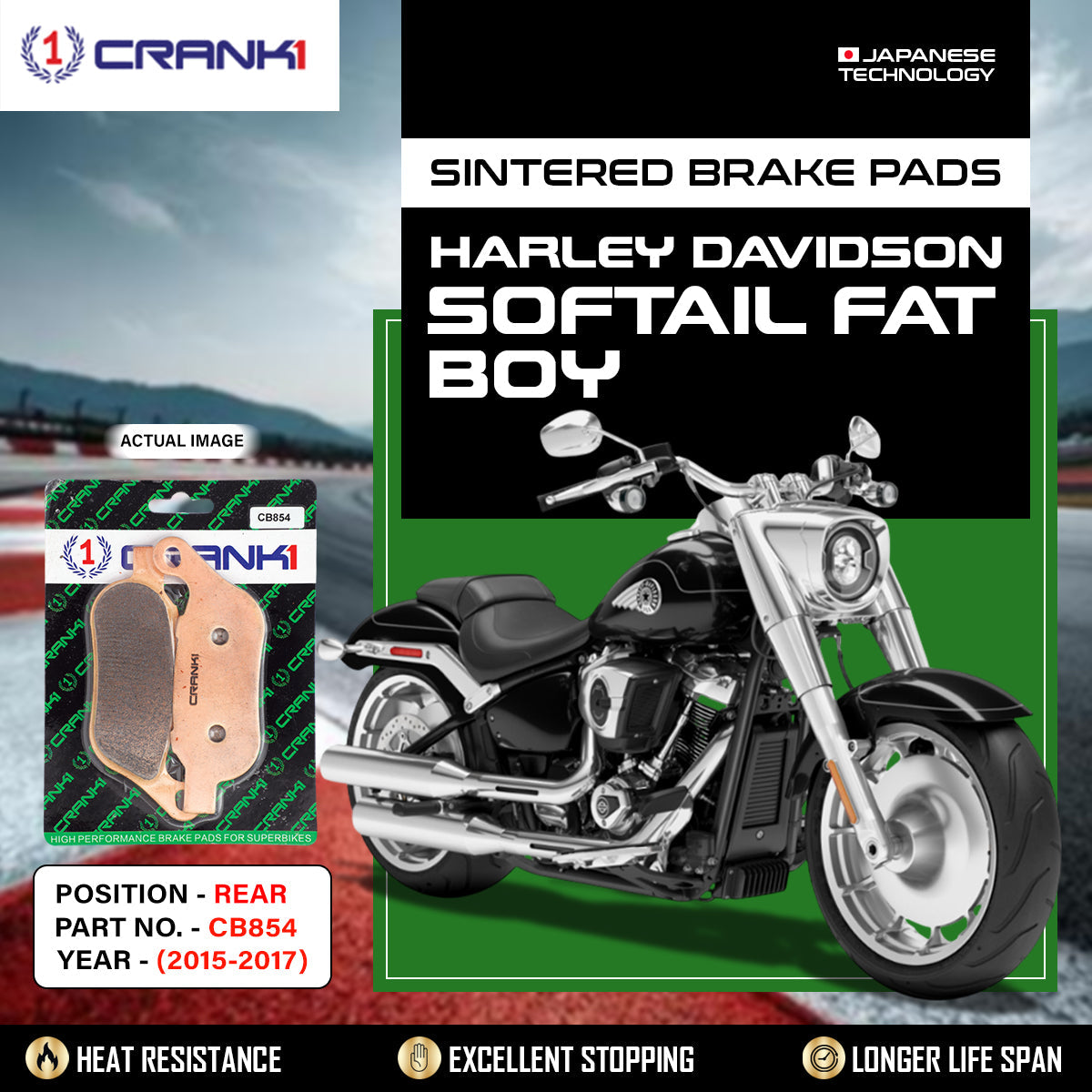 Crank1 Sintered Brake Pads For Harley Davidson Softail Fat Boy (2015-2017) - Rear - CB854