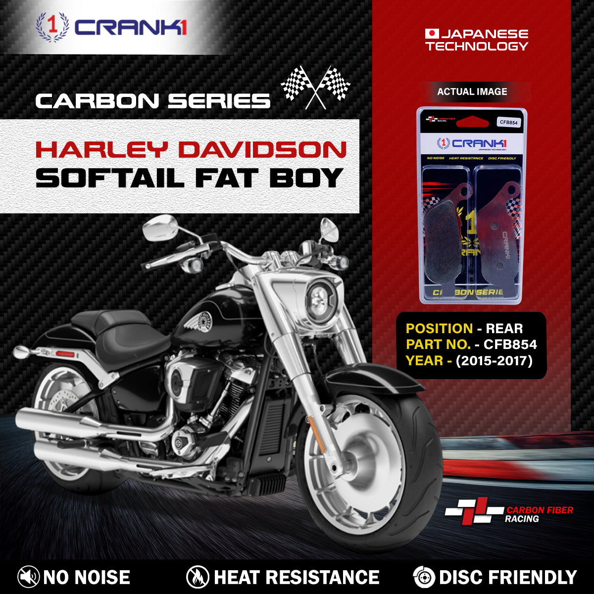 Crank1 Carbon Brake Pads For Harley Davidson Softail Fat Boy (2015-2017) - Rear - CFB854