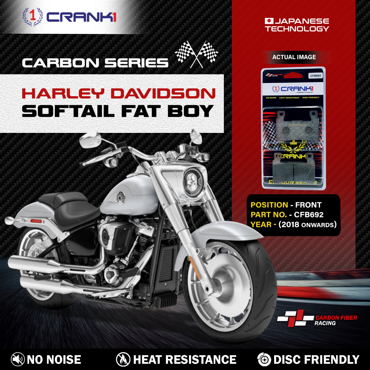 Crank1 Carbon Brake Pads For Harley Davidson Softail Fat Boy (2018 Onwards) - Front - CFB692