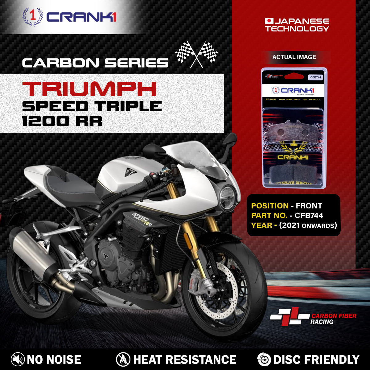 Crank1 Carbon Brake Pads For Triumph Speed Triple 1200 RR (2021 Onwards) - Front - CFB744 - 2 Sets