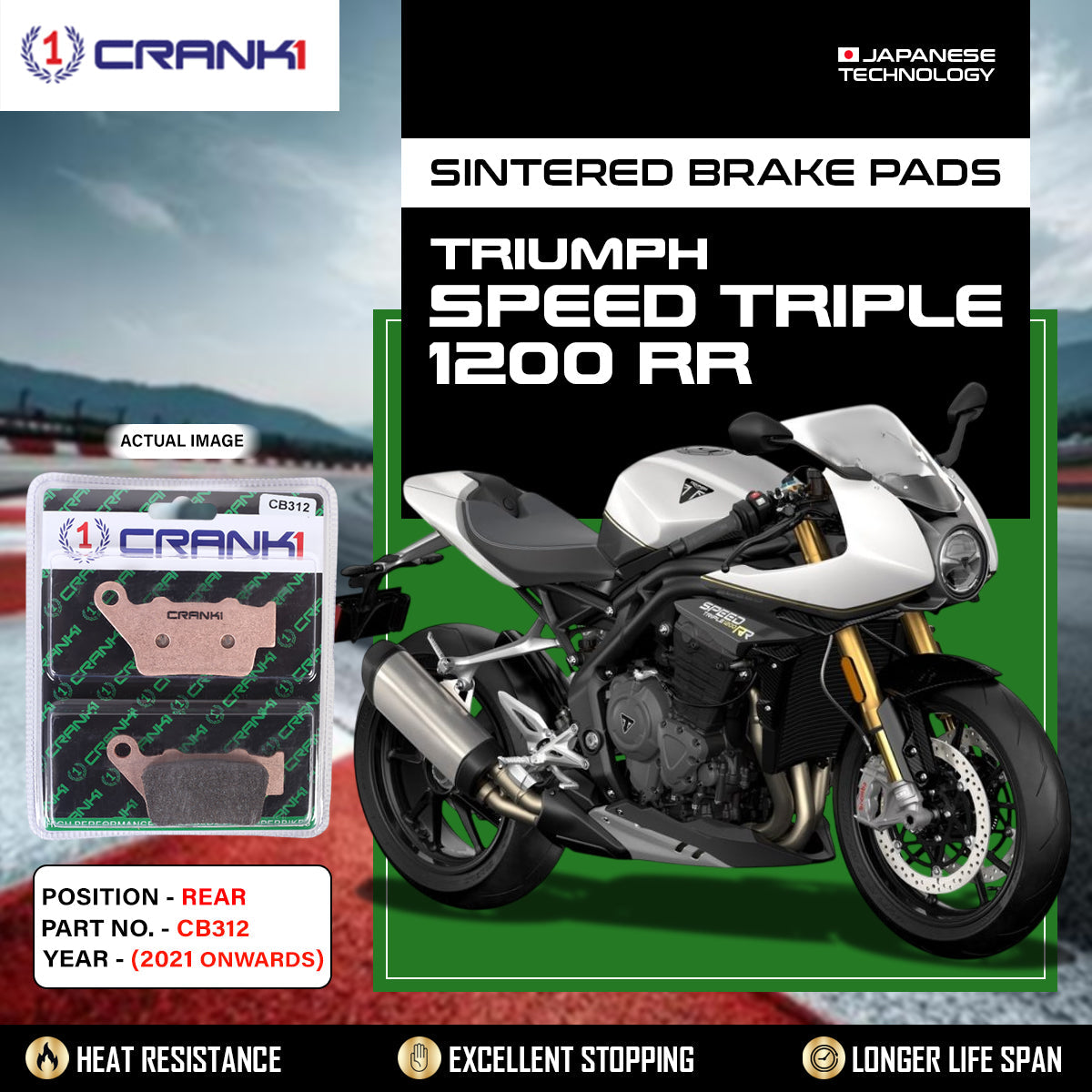 Crank1 Sintered Brake Pads For Triumph Speed Triple 1200 RR	(2021 Onwards) - Rear - CB312