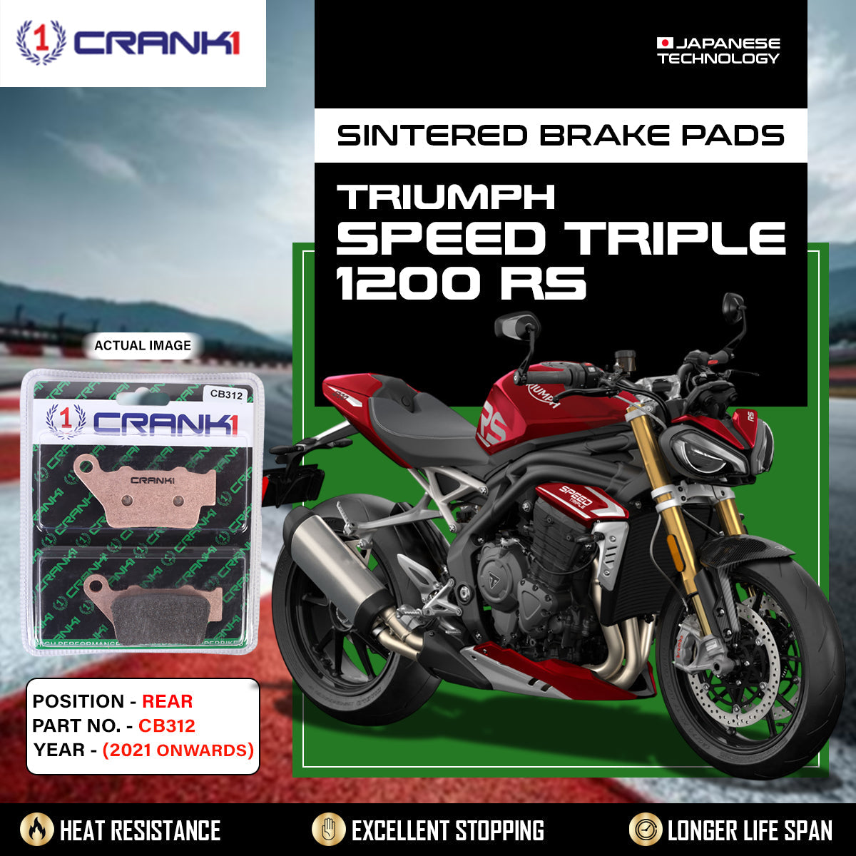 Crank1 Sintered Brake Pads For Triumph Speed Triple 1200 RS (2021 Onwards) - Rear -CB312