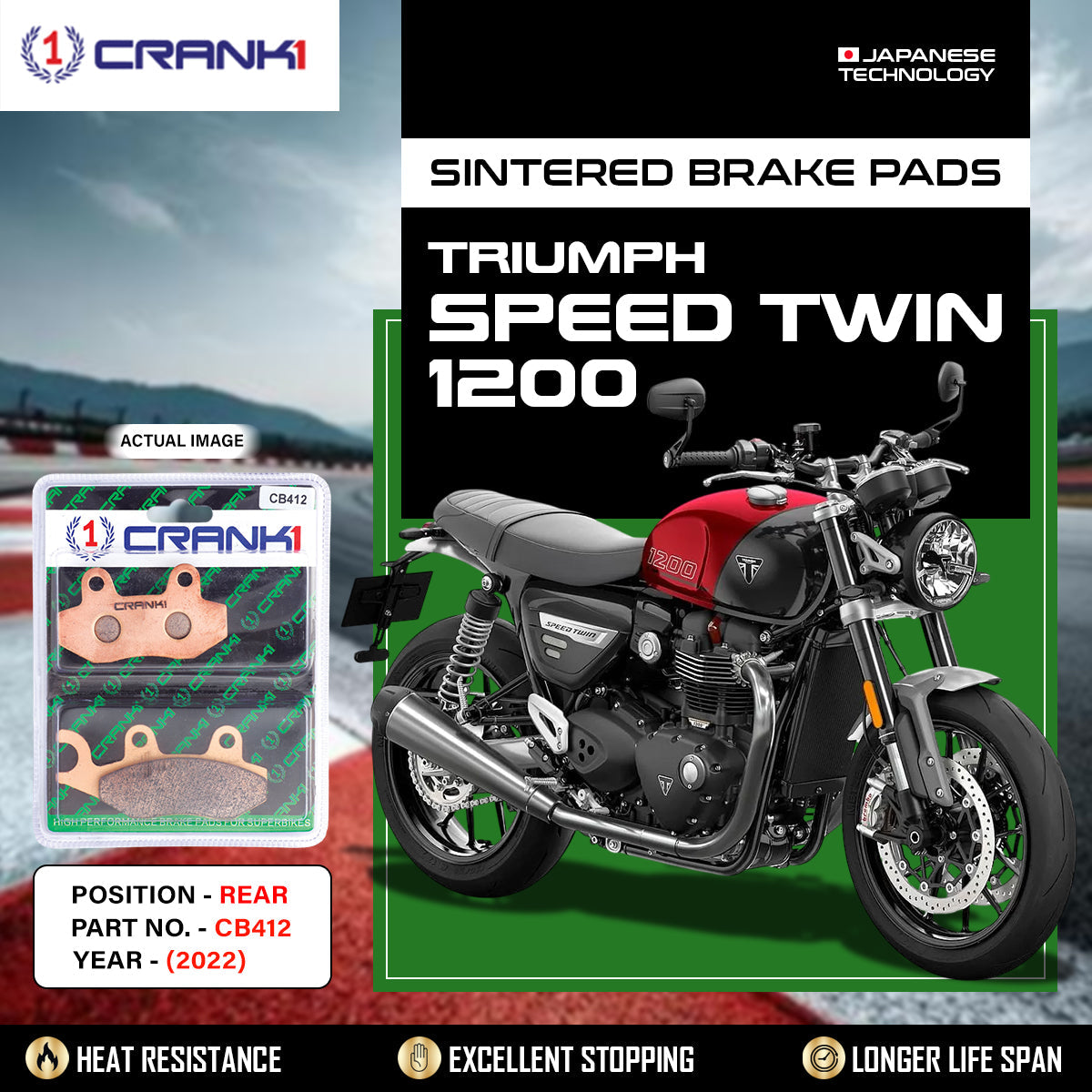 Crank1 Sintered Brake Pads For Triumph Speed Twin 1200 (2022) - Rear - CB412