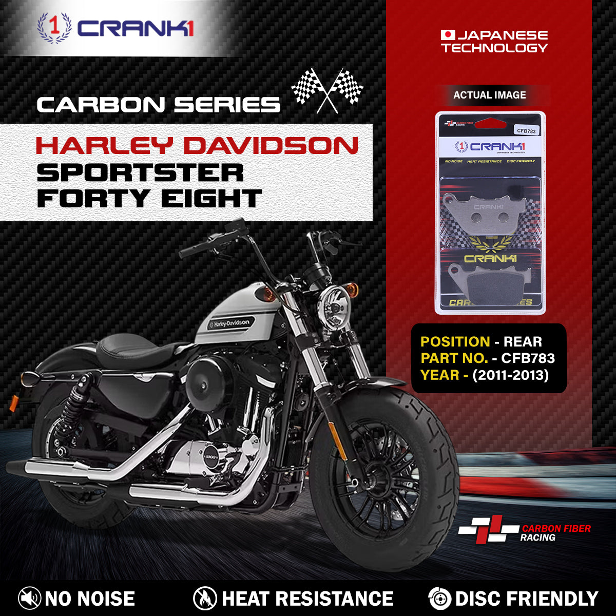 Crank1 Carbon Brake Pads For Harley Davidson Sportster Forty Eight (2011-2013) - Rear - CFB783