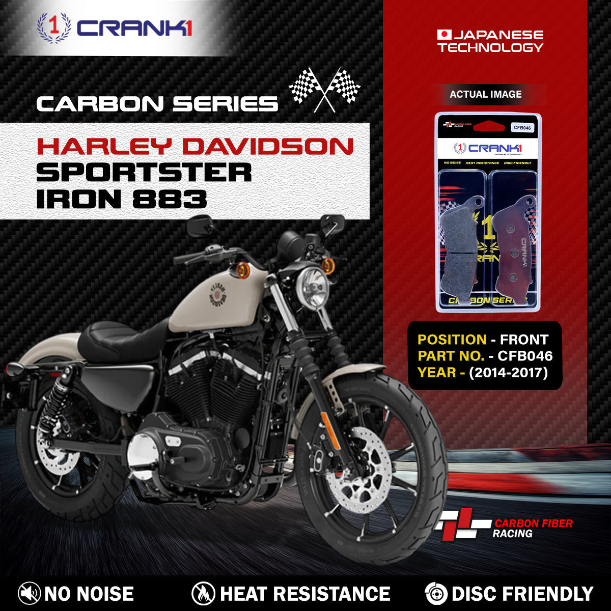Crank1 Carbon Brake Pads For Harley Davidson Sportster Iron 883 (2014-2017) - Front - CFB046