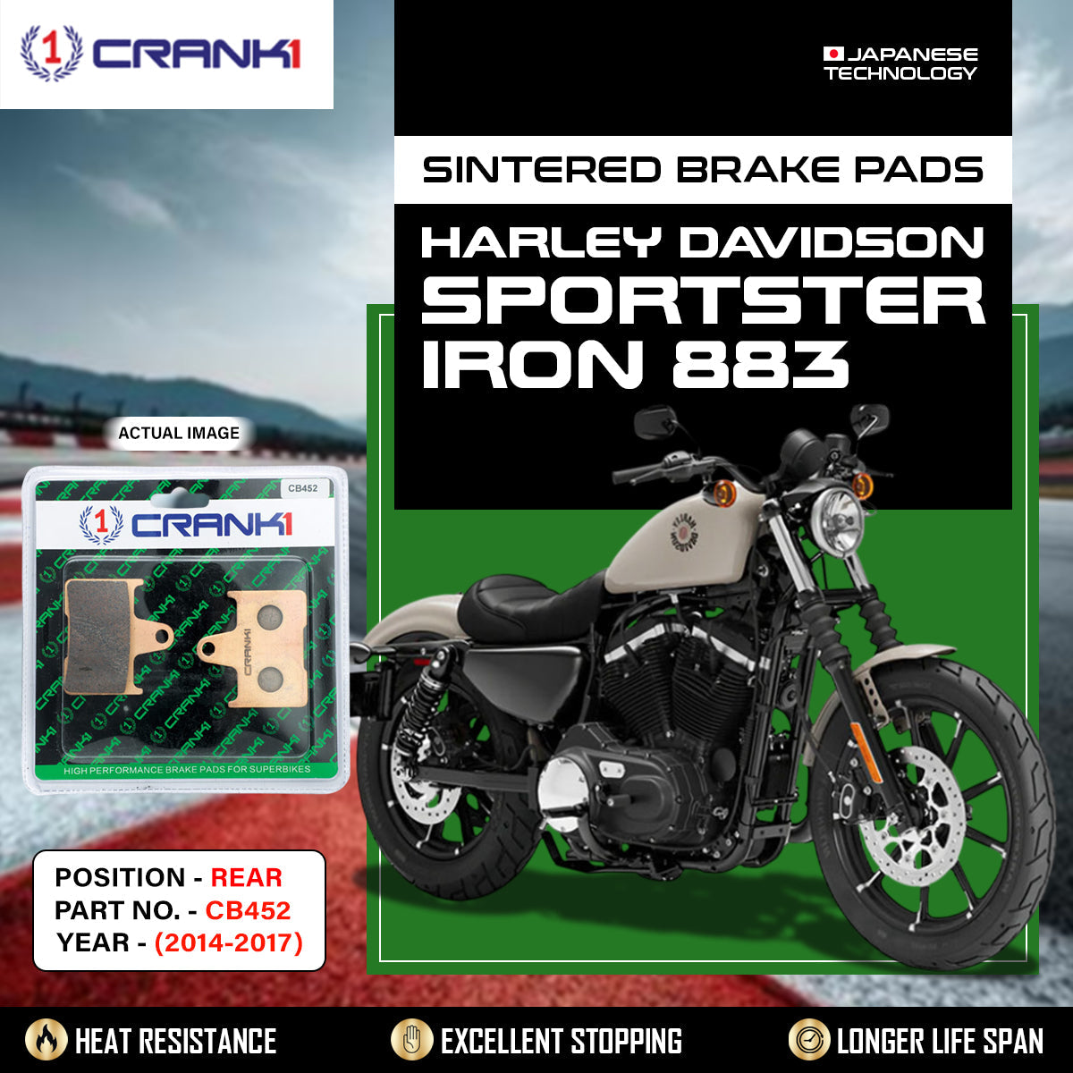 Crank1 Sintered Brake Pads For Harley Davidson Sportster Iron 883 (2014-2017) - Rear - CB452
