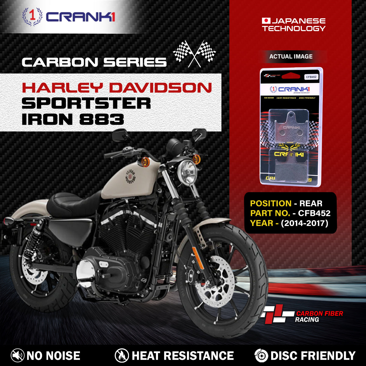 Crank1 Carbon Brake Pads For Harley Davidson Sportster Iron 883 (2014-2017) - Rear - CFB452