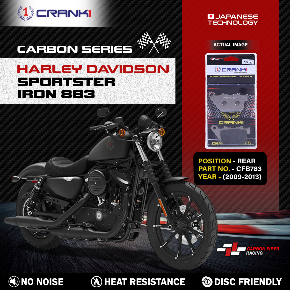Crank1 Carbon Brake Pads For Harley Davidson Sportster Iron 883 (2009-2013) - Rear - CFB783
