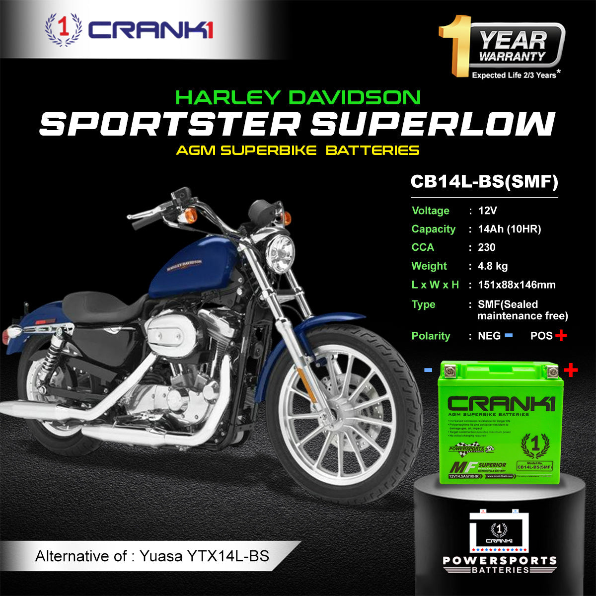 Crank1 Battery For Harley Davidson Sportster SuperLow (2010-2025) - CB14L-BS - Factory Activated
