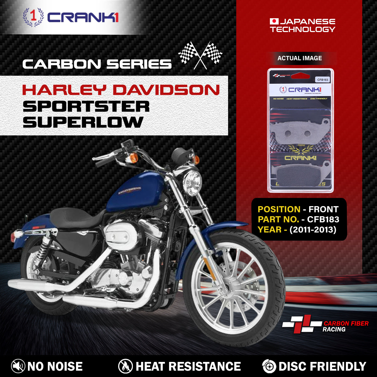 Crank1 Carbon Brake Pads For Harley Davidson Sportster SuperLow (2011-2013) - Front - CFB183