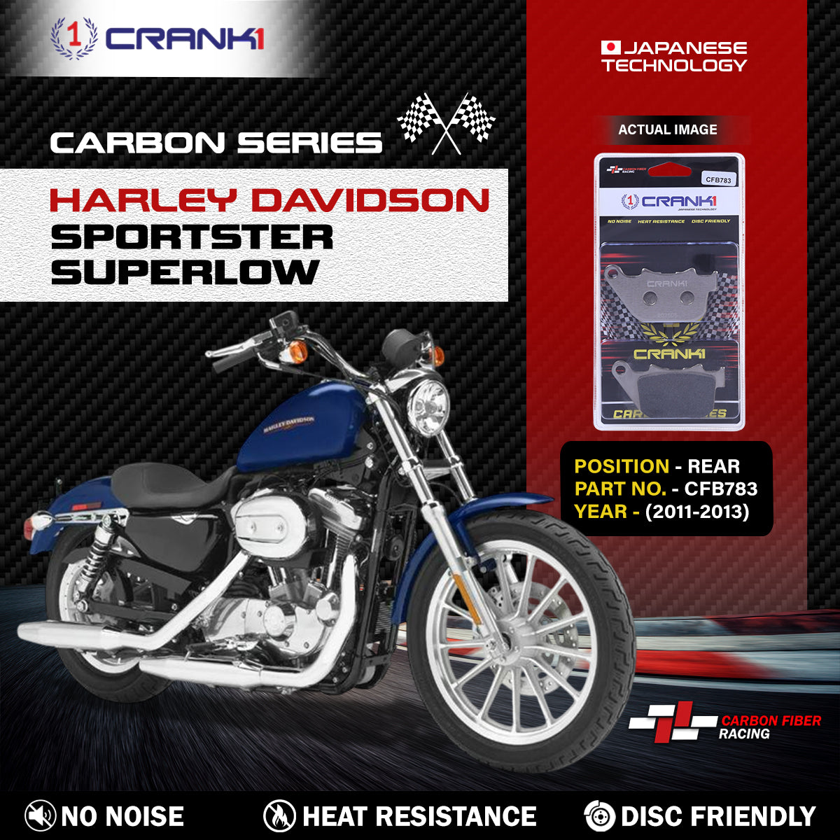 Crank1 Carbon Brake Pads For Harley Davidson Sportster SuperLow (2011-2013) - Rear - CFB783