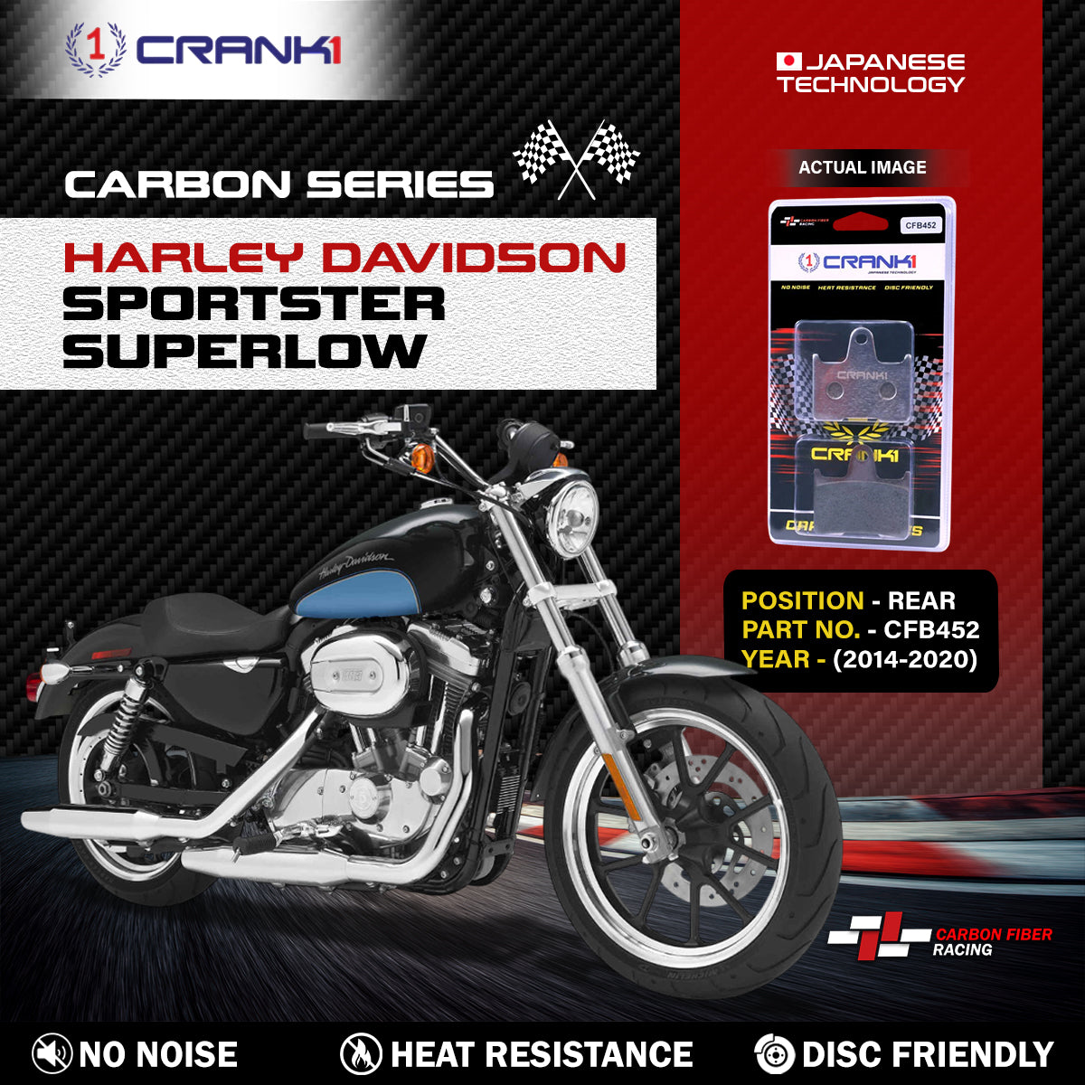 Crank1 Carbon Brake Pads For Harley Davidson Sportster SuperLow (2014-2020) - Rear - CFB452