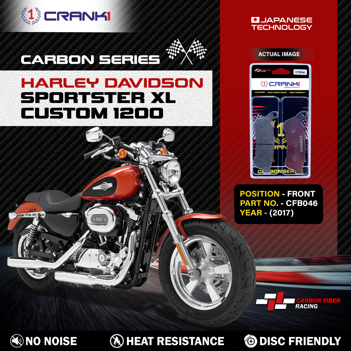 Crank1 Carbon Brake Pads For Harley Davidson Sportster XL Custom 1200 (2017) - Front - CFB046