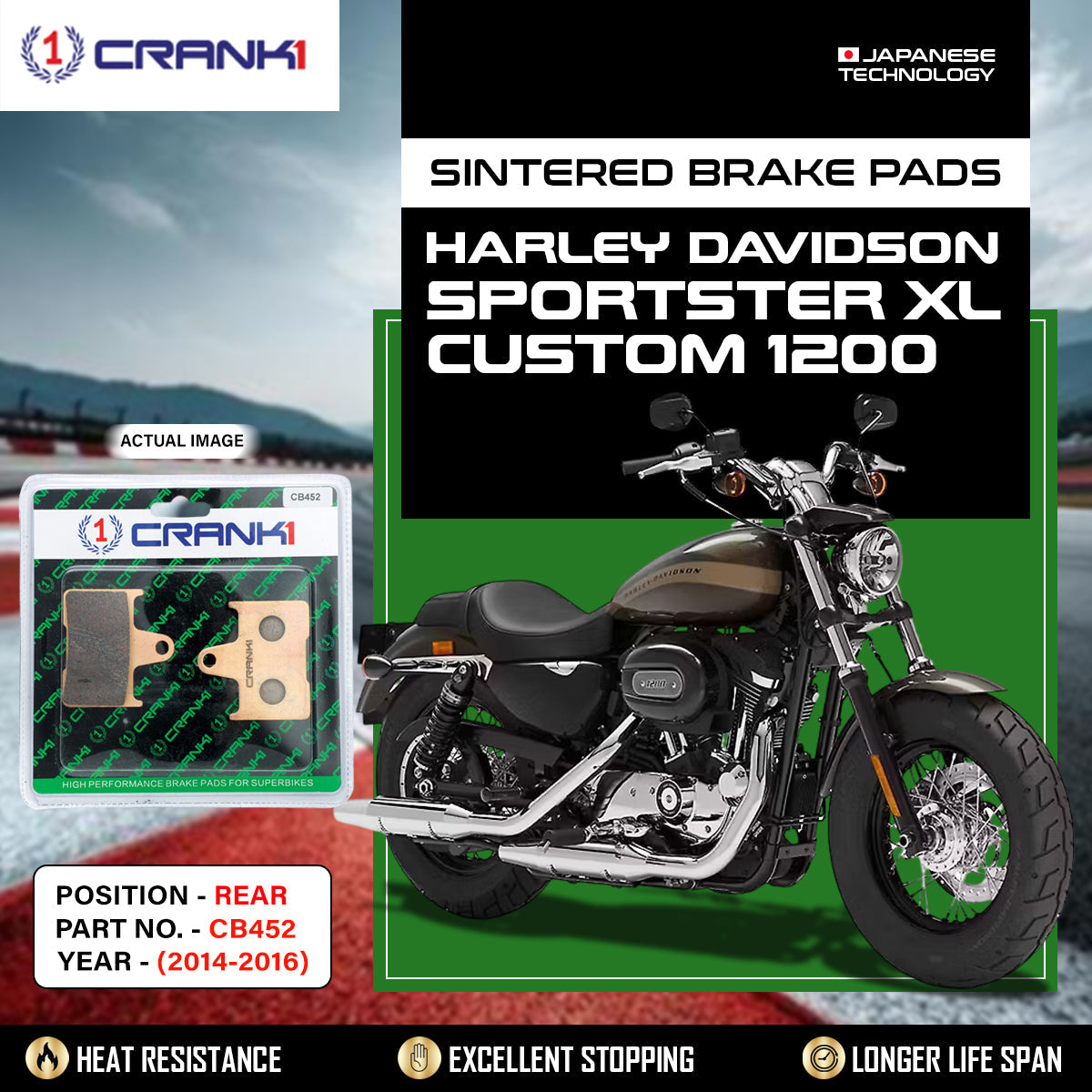 Crank1 Sintered Brake Pads For Harley Davidson Sportster XL Custom 1200 (2014-2016) - Rear - CB452