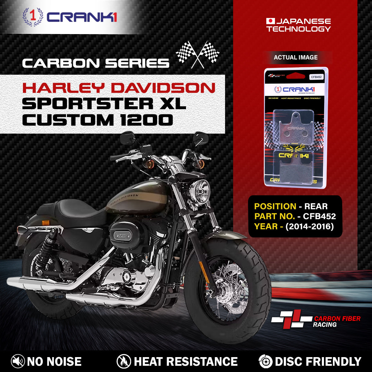 Crank1 Carbon Brake Pads For Harley Davidson Sportster XL Custom 1200 (2014-2016) - Rear - CFB452