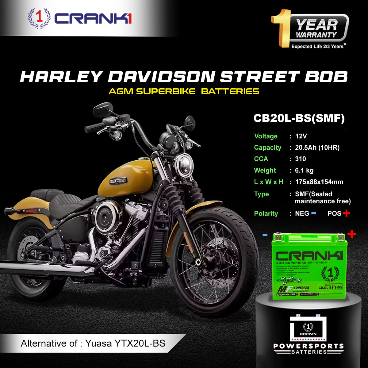 Crank1 Battery For Harley Davidson Street Bob (2012-2025) - CB20L-BS - Factory Activated