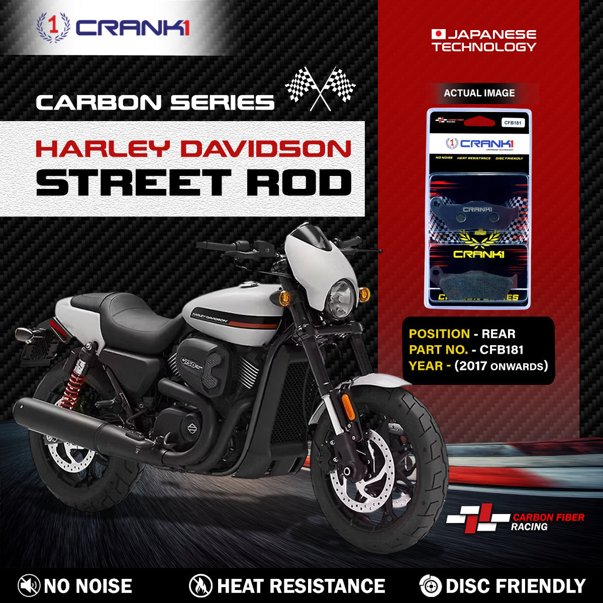 Crank1 Carbon Brake Pads For Harley Davidson Street Rod (2017 Onwards) - Rear - CFB181