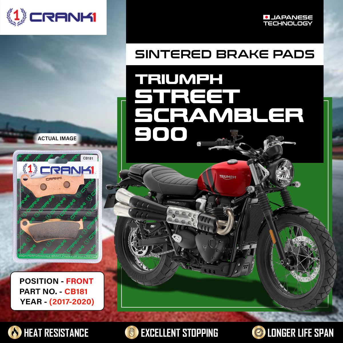 Crank1 Sintered Brake Pads For Triumph Street Scrambler 900 (2017-2020) - Front - CB181 - 2 Sets Required