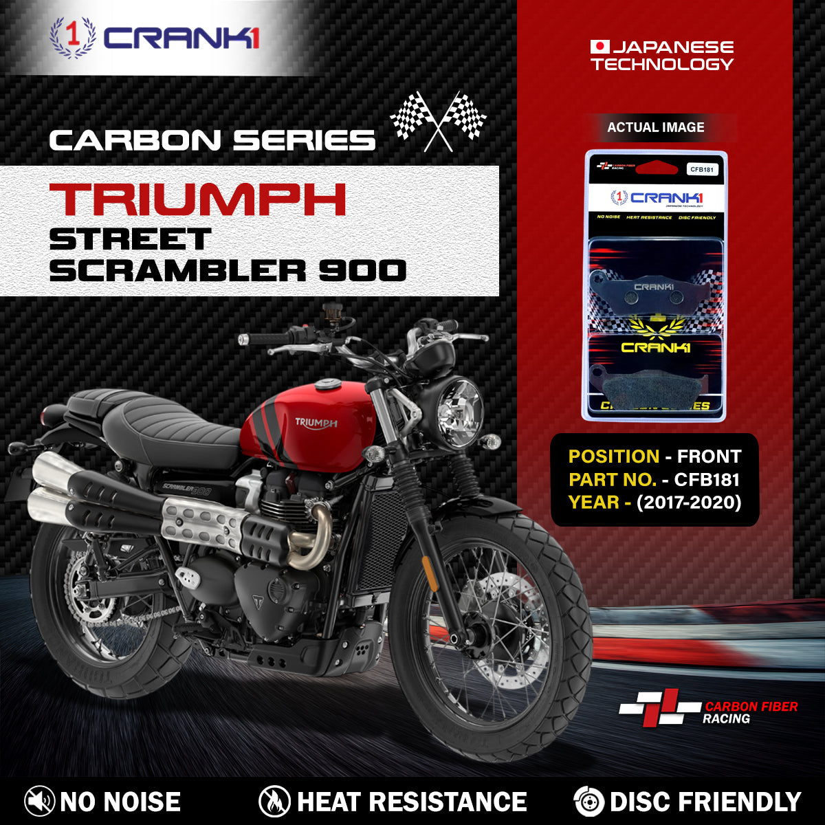 Crank1 Carbon Brake Pads For Triumph Scrambler 900 (2017-2020) - Front - CFB181 -  2 Sets