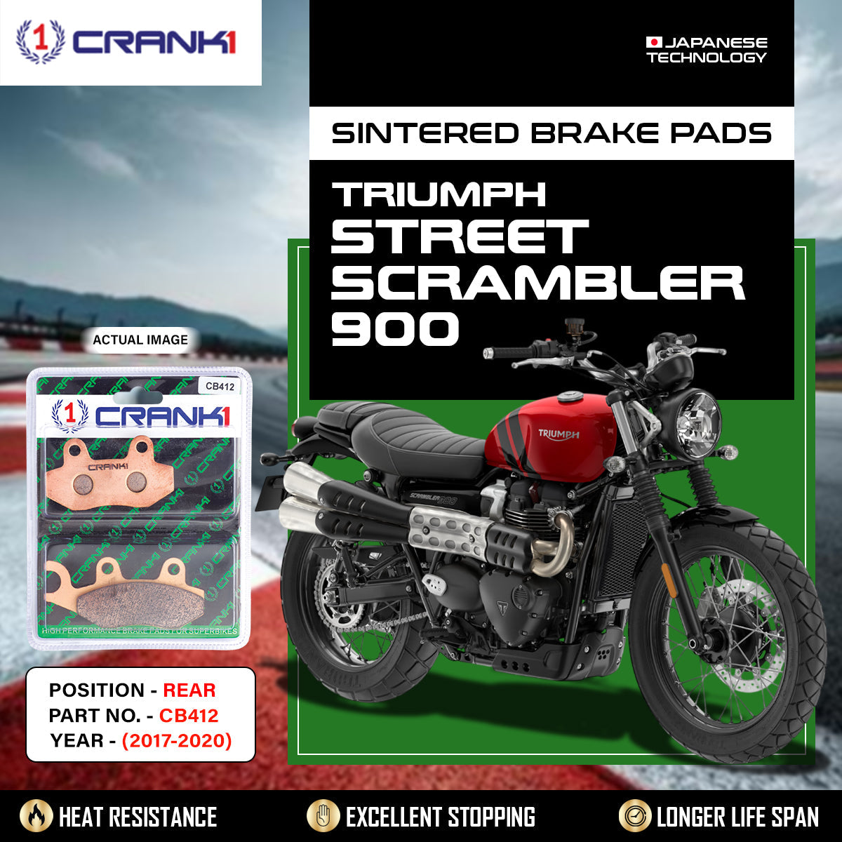 Crank1 Sintered Brake Pads For Triumph Street Scrambler 900 (2017-2020) - Rear - CB412