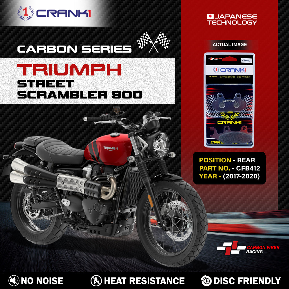 Crank1 Carbon Brake Pads For Triumph Scrambler 900 (2017-2020) - Rear - CFB412