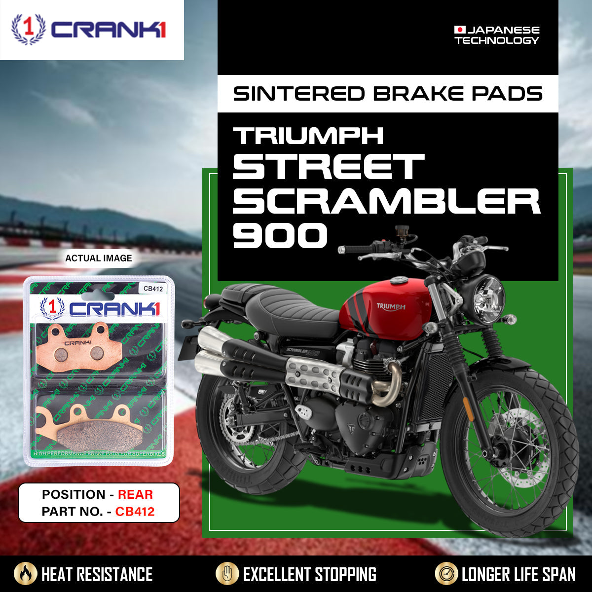 Crank1 Sintered Brake Pads Triumph Street Scrambler 900 - Rear - CB412