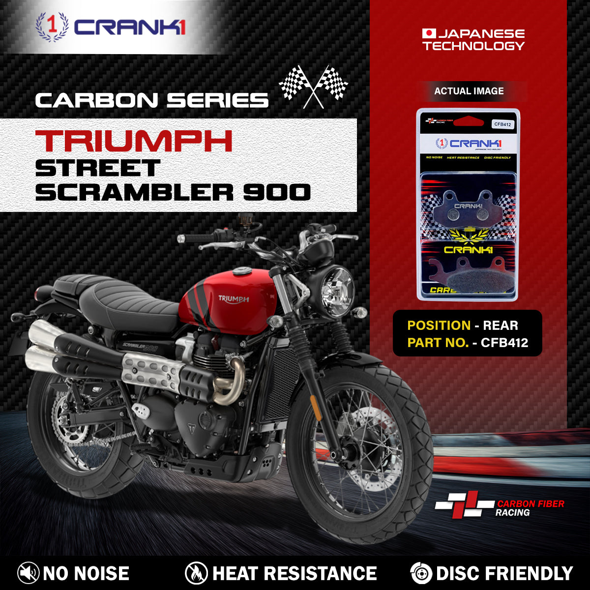 Crank1 Carbon Brake Pads For Triumph Street Scrambler 900 - Rear - CFB412