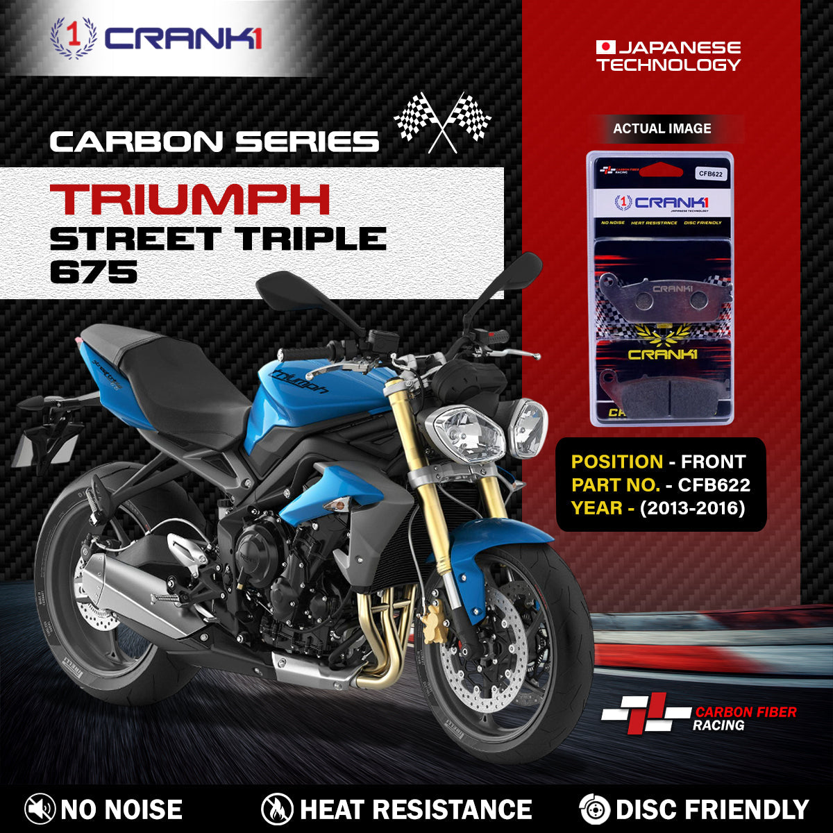 Crank1 Carbon Brake Pads For Triumph Street Triple 675 (2013-2016) - Front - CFB622 - 2 Sets