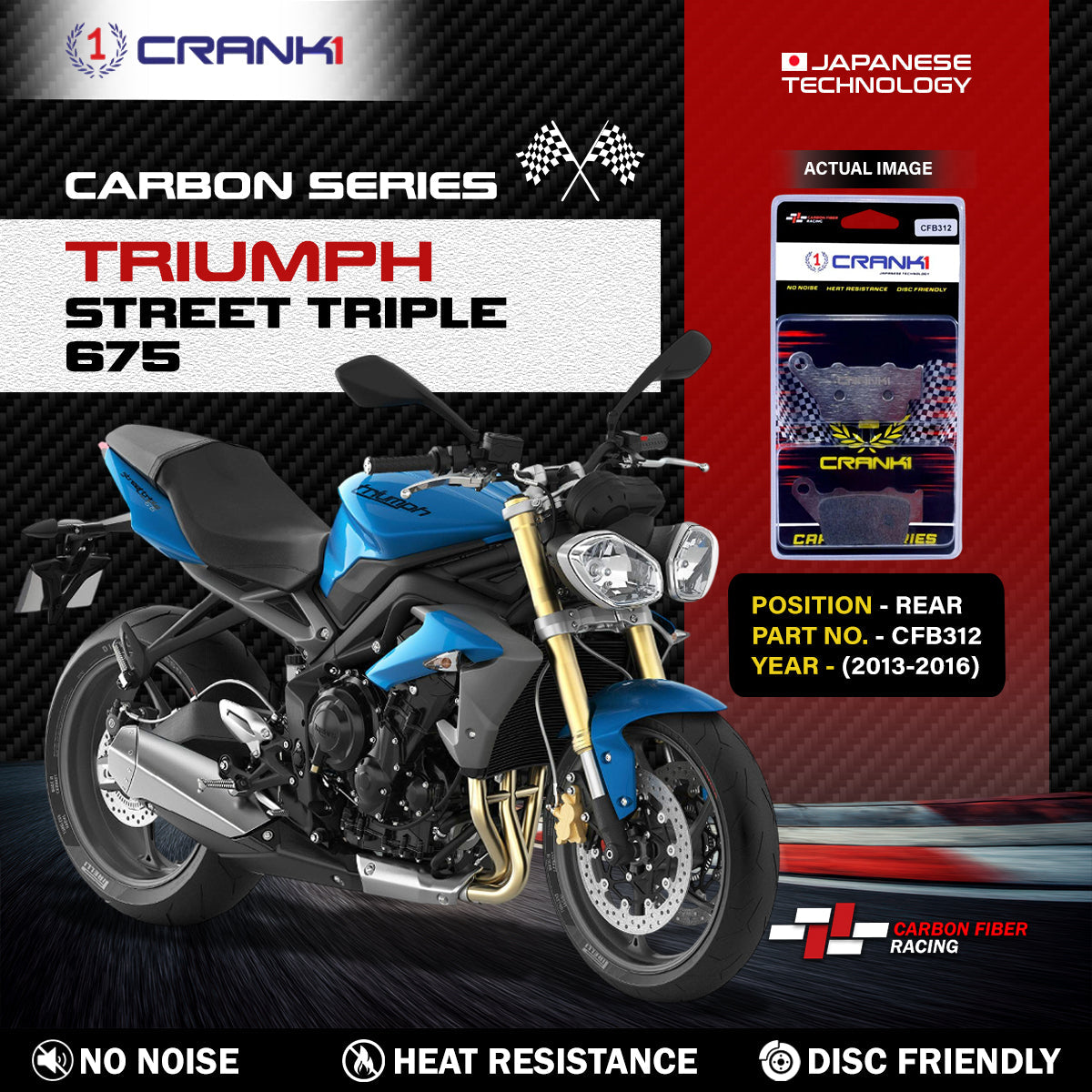 Crank1 Carbon Brake Pads For Triumph Street Triple 675 (2013-2016) - Rear - CFB312