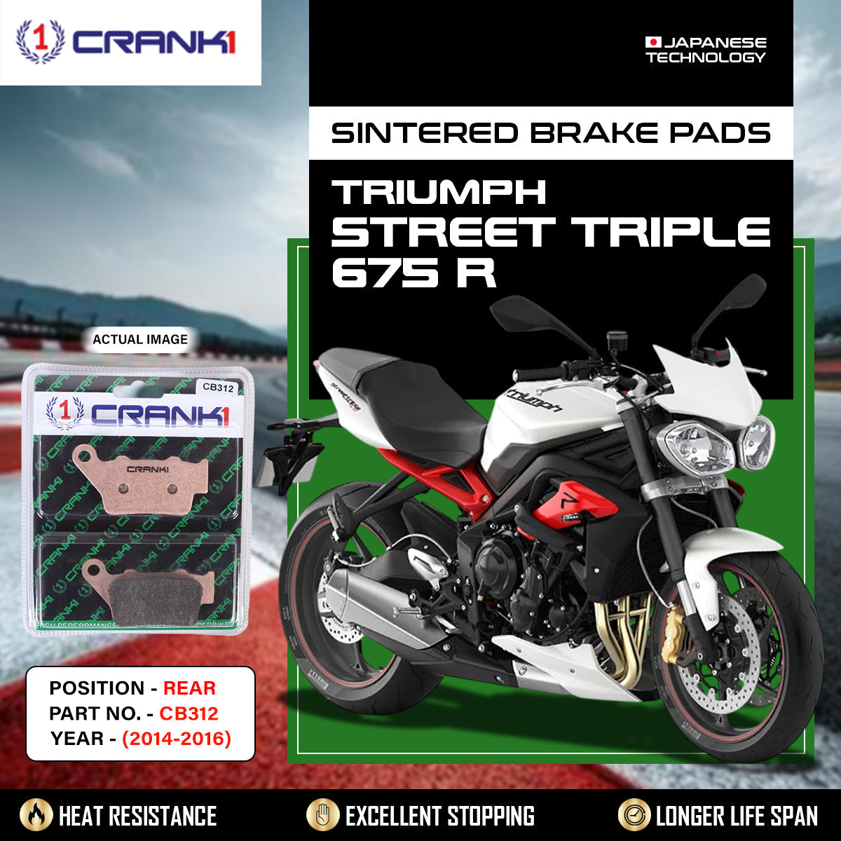 Crank1 Sintered Brake Pads For Triumph Street Triple 675 R (2014-2016) - Rear - CB312