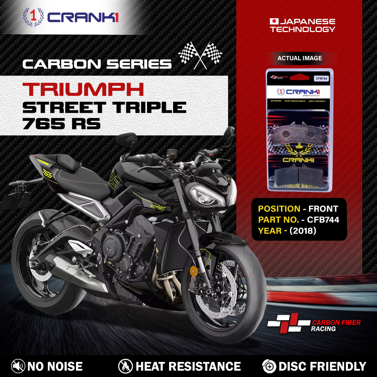 Crank1 Carbon Brake Pads For Triumph Street Triple 765 RS (2018) - Front - CFB744 - 2 Sets