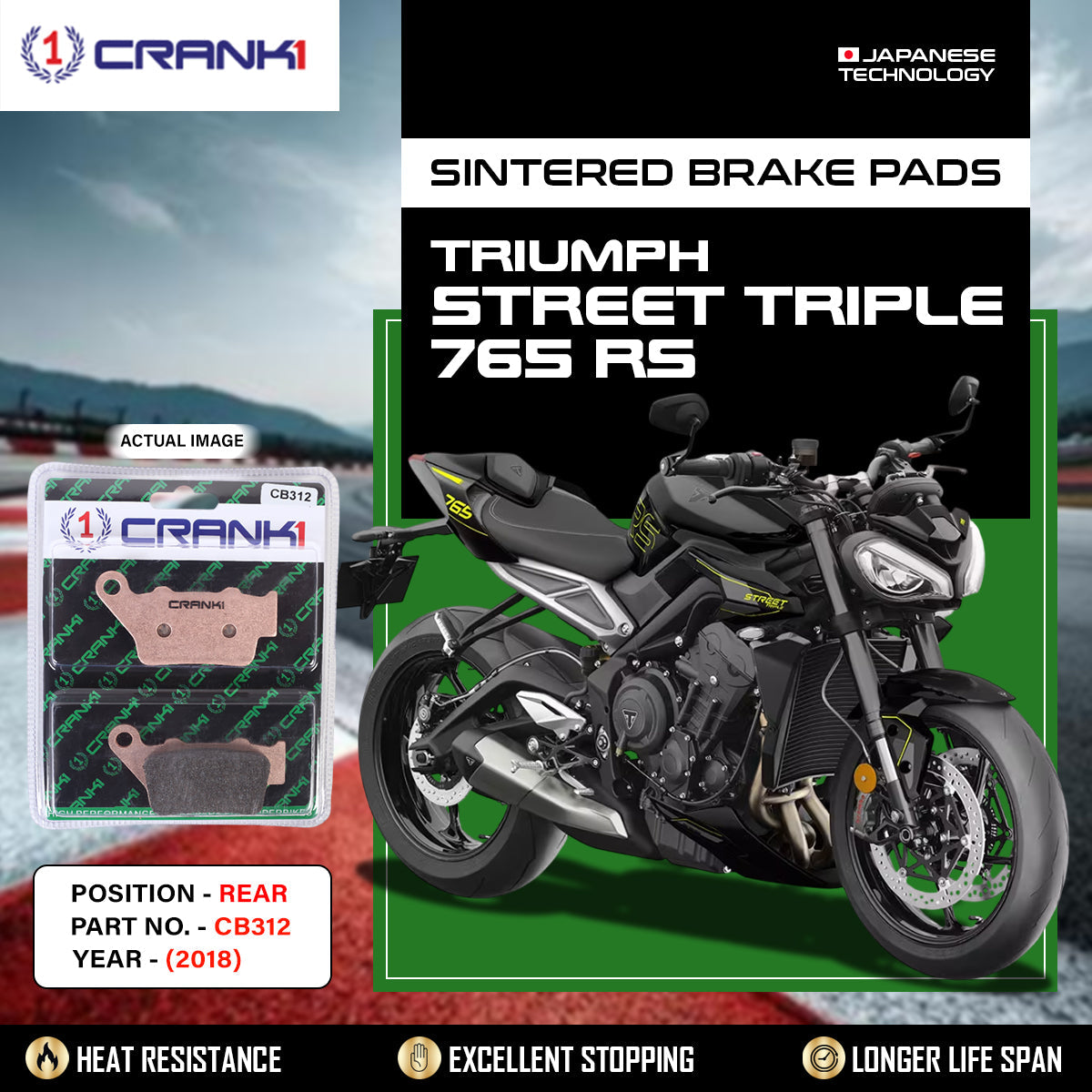 Crank1 Sintered Brake Pads For Triumph Street Triple 765 RS (2018) - Rear - CB312