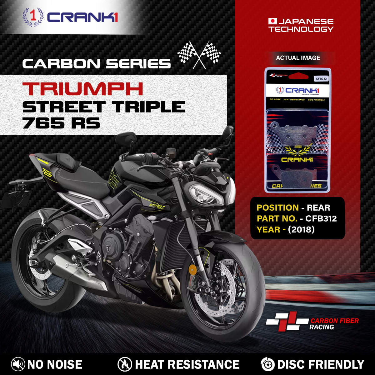 Crank1 Carbon Brake Pads For Triumph Street Triple 765 RS (2018) - Rear - CFB312