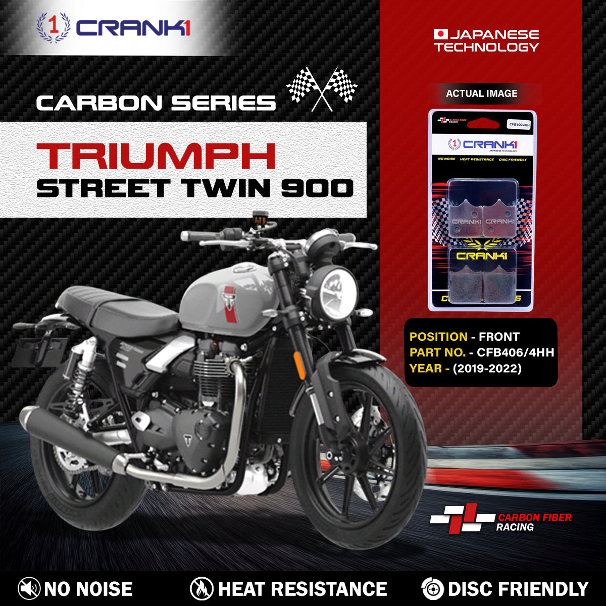 Crank1 Carbon Brake Pads For Triumph Street Twin 900 (2019-2022) - Front - CFB406/4