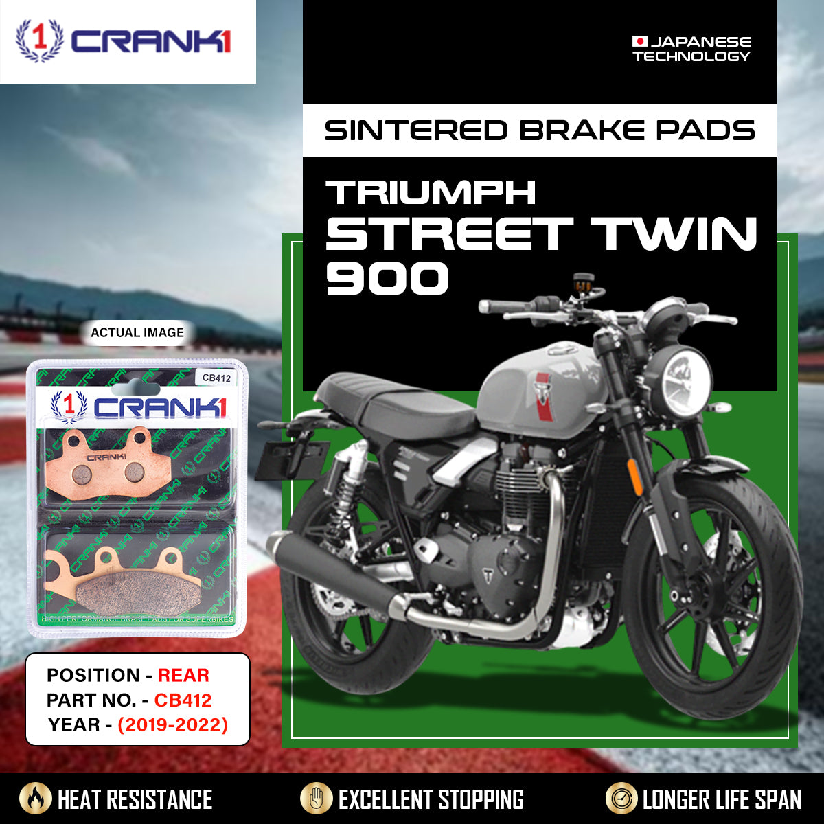 Crank1 Sintered Brake Pads For Triumph Street Twin 900 (2019-2022) - Rear - CB412