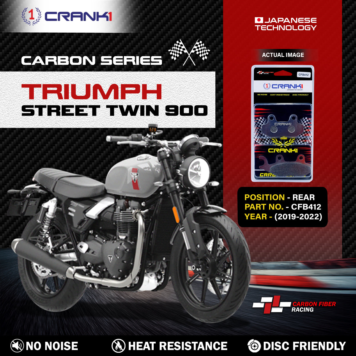 Crank1 Carbon Brake Pads For Triumph Street Twin 900 (2019-2022) - Rear - CFB412
