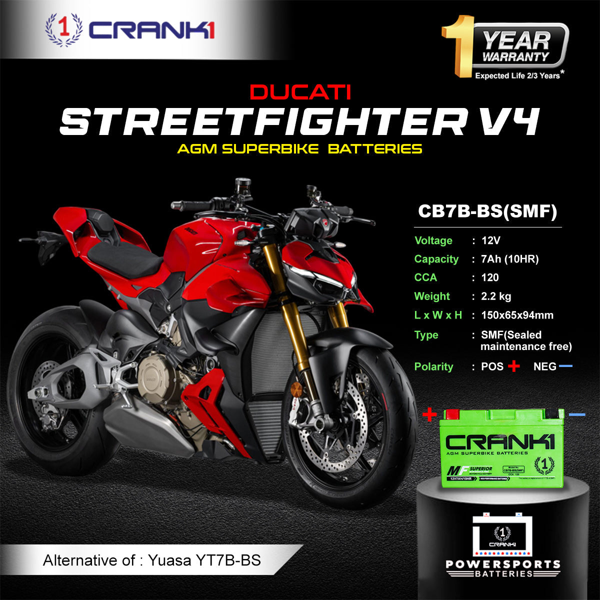 Crank1 Battery For Ducati Streetfighter V4 (2021-2025) - CB7B-BS - Factory Activated