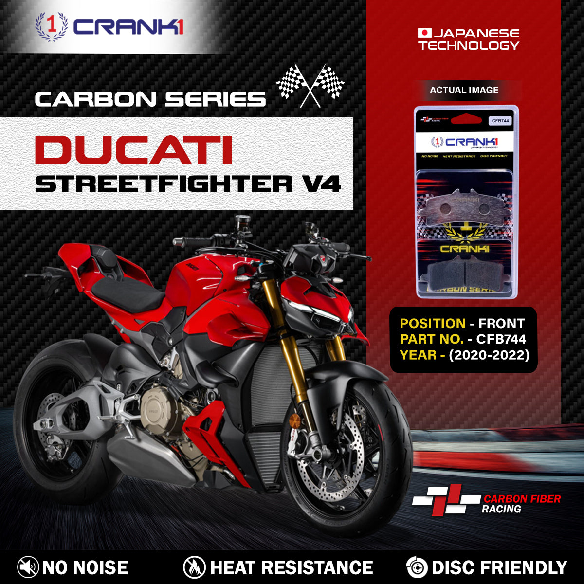 Crank1 Carbon Brake Pads For Ducati Streetfighter V4 (2020-2022) - Front - CFB744 - 2 Sets