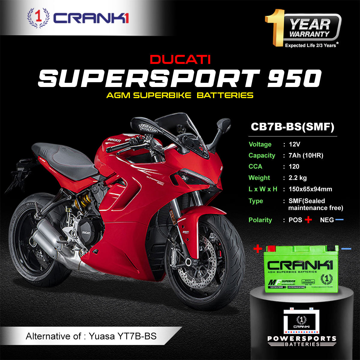 Crank1 Battery For Ducati SuperSport 950 (2021-2025) - CB7B-BS - Factory Activated