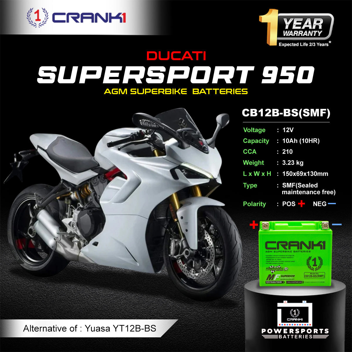 Crank1 Battery For Ducati SuperSport 950 (2017-2020) - CB12B-BS - Factory Activated