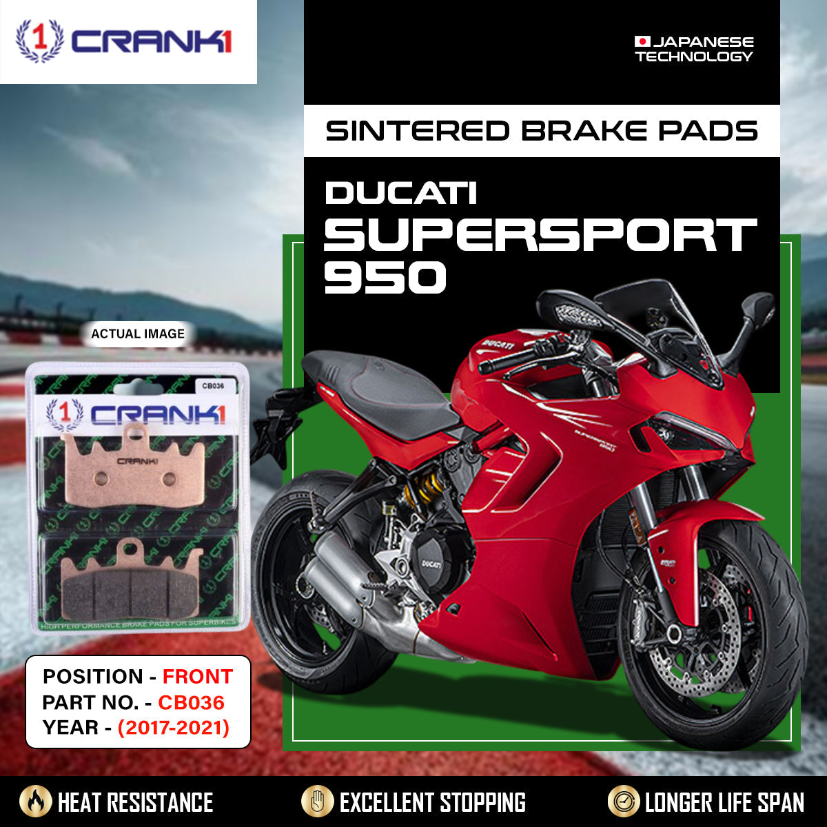 Crank1 Sintered Brake Pads For Ducati Supersport 950 (2017-2021) - Front - CB036 - 2 Sets