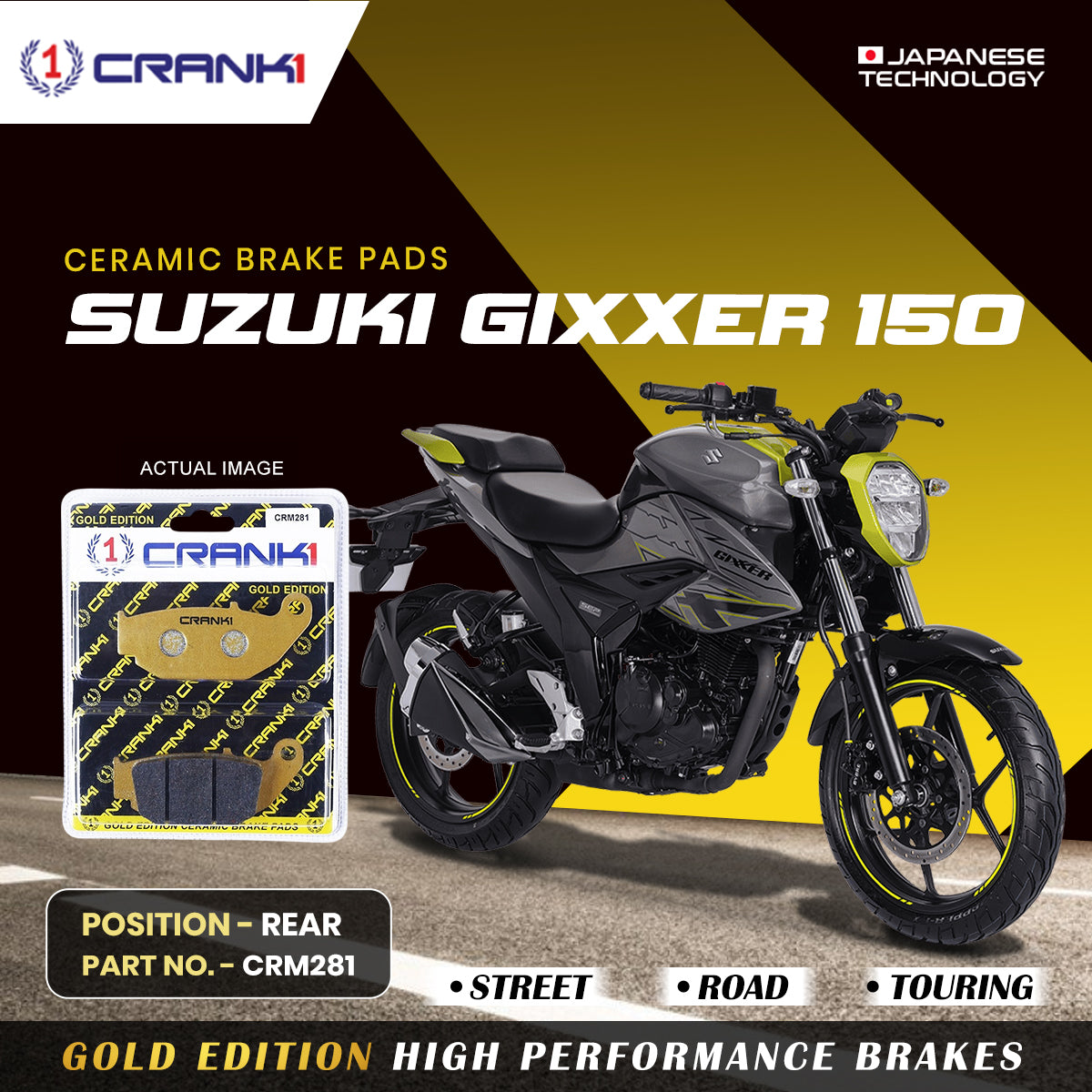 Crank1 Ceramic Brake Pads For Suzuki Gixxer 150 - Rear - CRM281