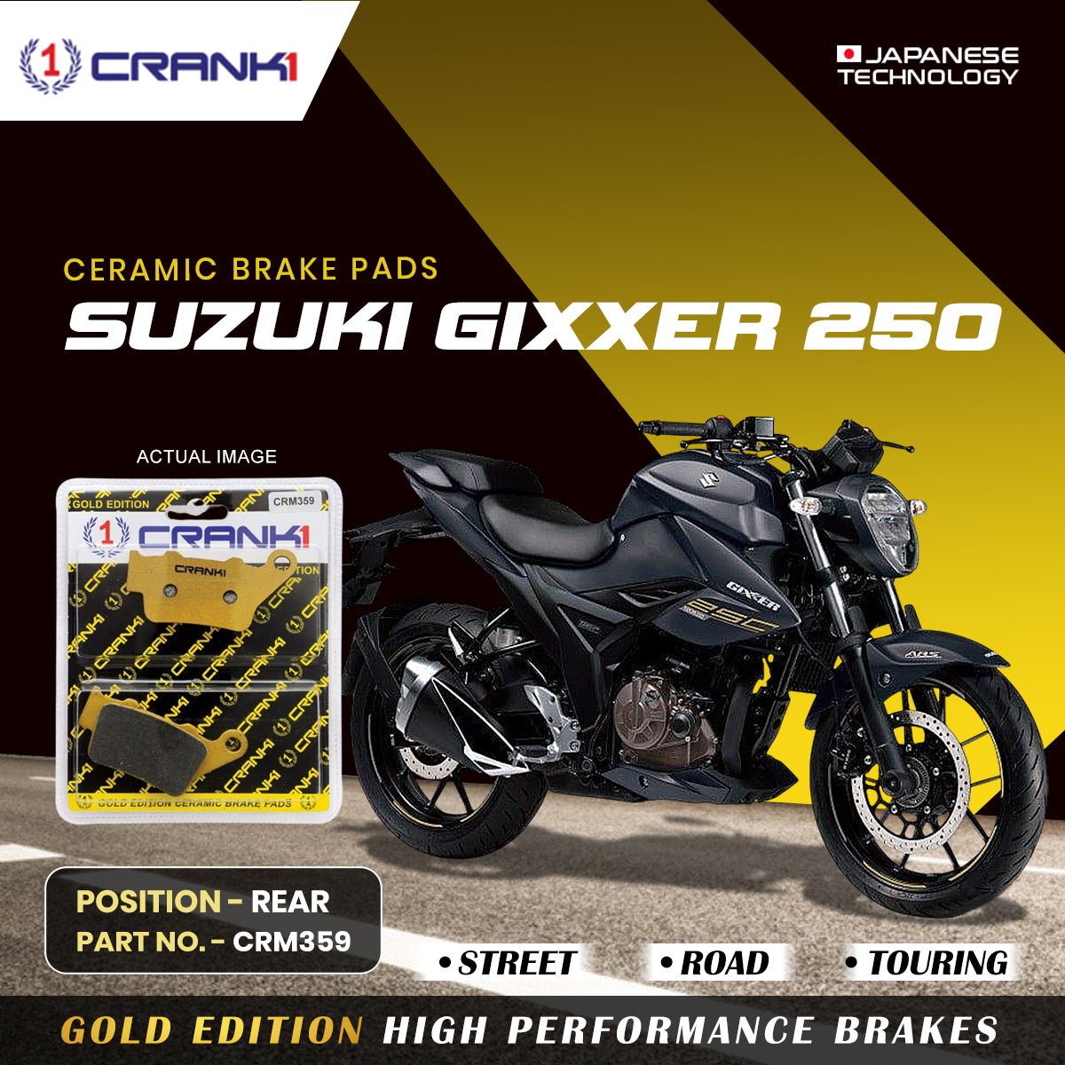 Crank1 Ceramic Brake Pads For Suzuki Gixer 250 - Rear - CRM359