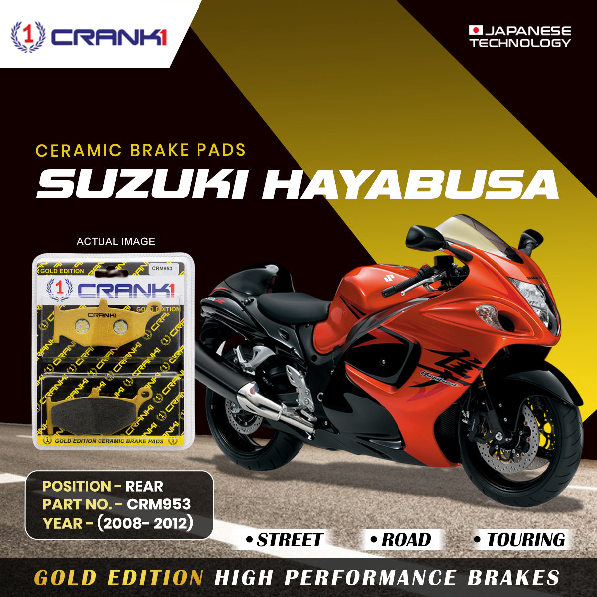 Crank1 Ceramic Brake Pads For Suzuki Hayabusa (2008-2012) - Rear - CRM953