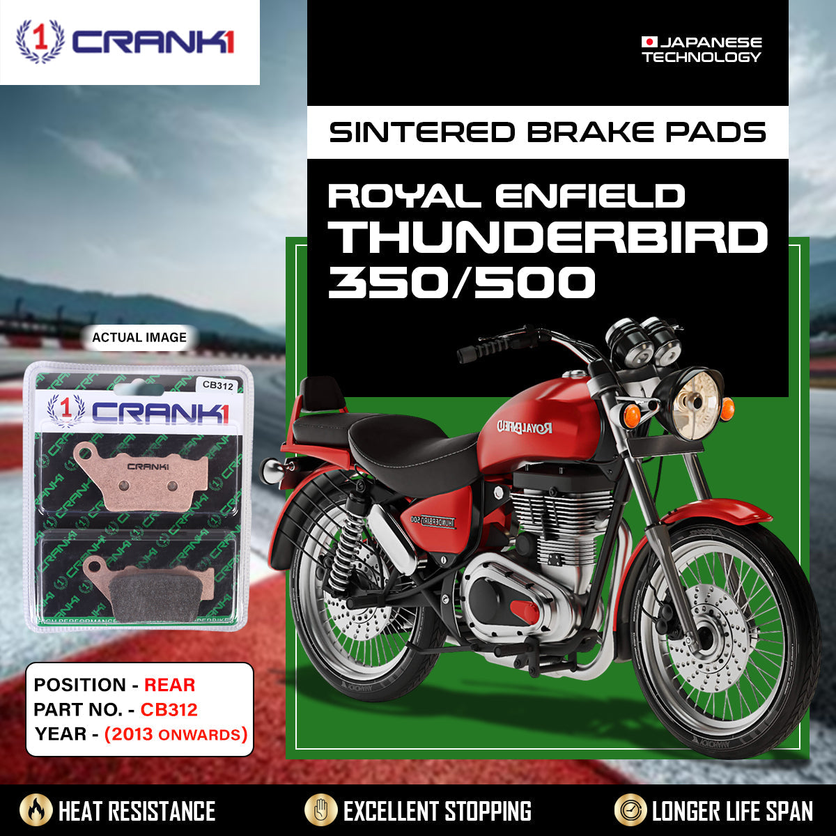 Crank1 Sintered Brake Pads For Royal Enfield Thunderbird 350/500 (2013 Onwards) - Rear - CB312