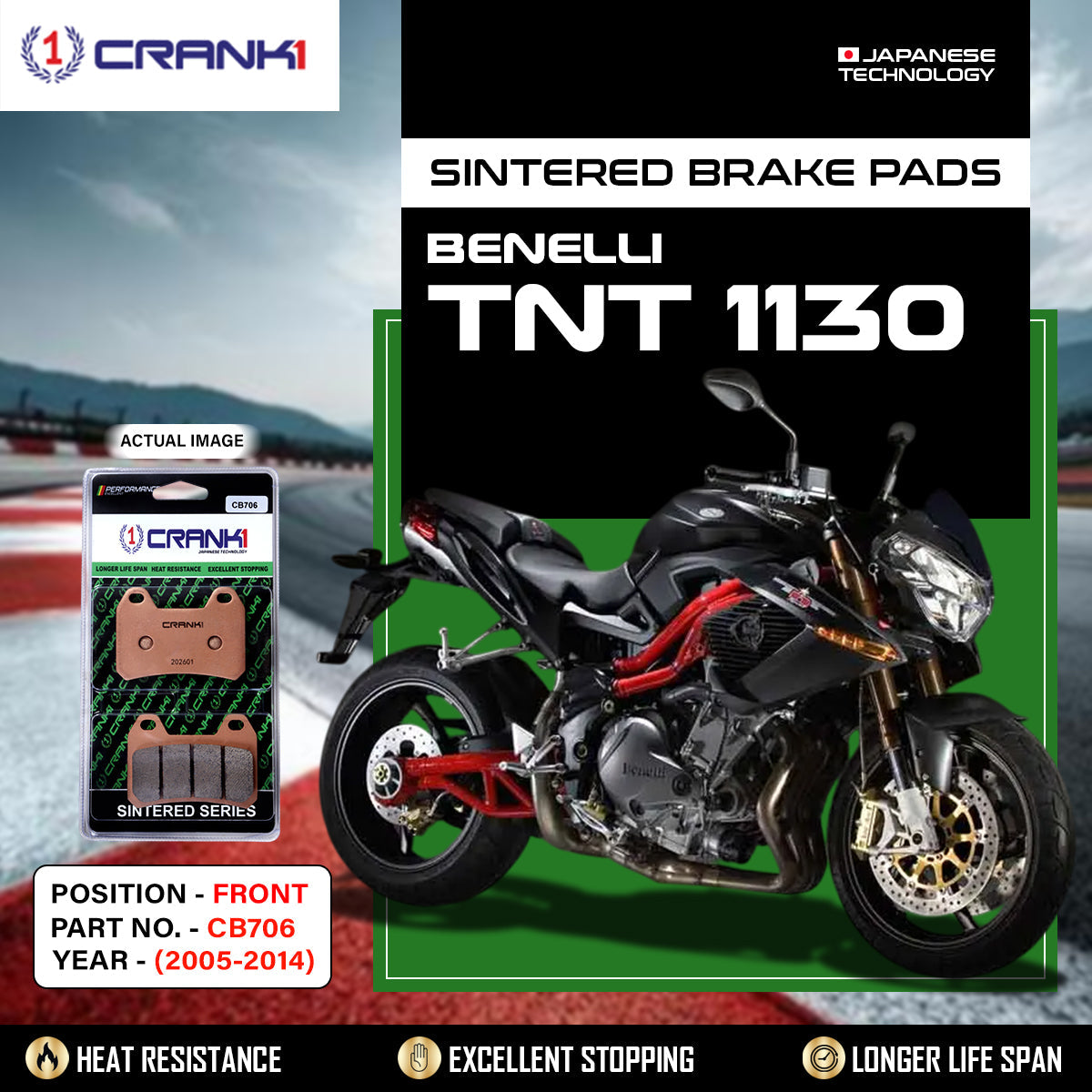 Crank1 Sintered Brake Pads For Benelli TNT 1130 (2005-2014) - Front - CB706 - 2 Sets