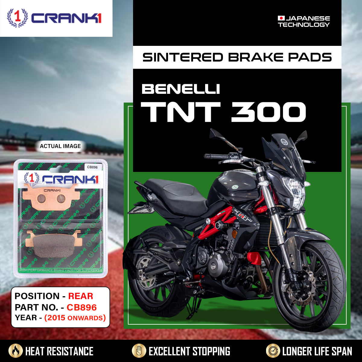 Crank1 Sintered Brake Pads For Benelli TNT 300 (2015 Onwards) - Rear - CB896