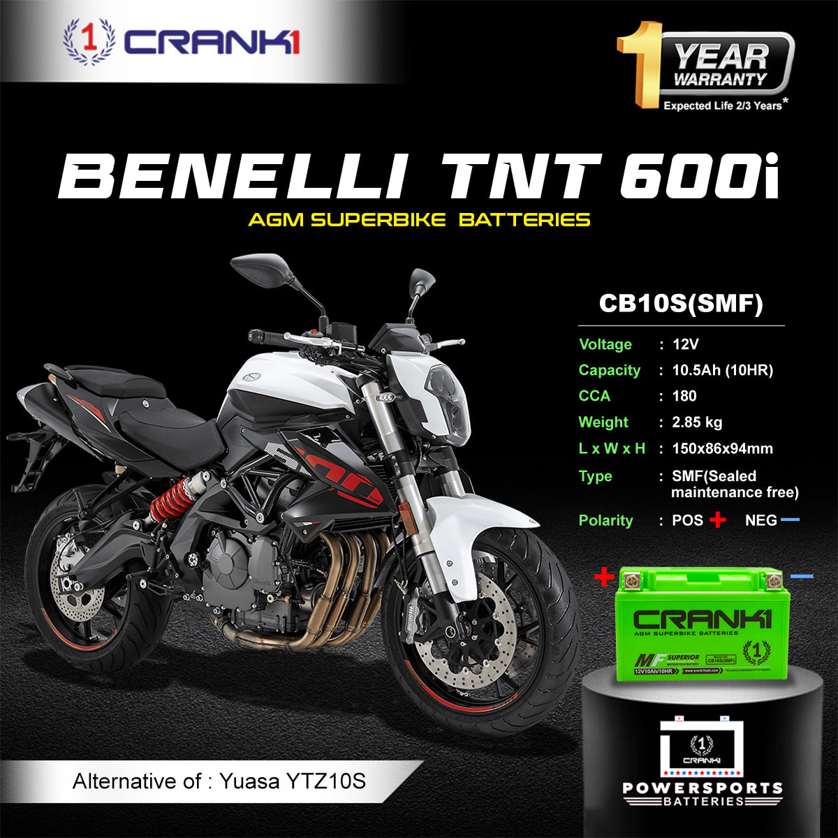Crank1 Battery For Benelli TNT 600i (2010-2025) - CB10S - Factory Activated
